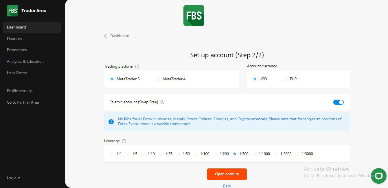FBS setup account and choosing currency and platform